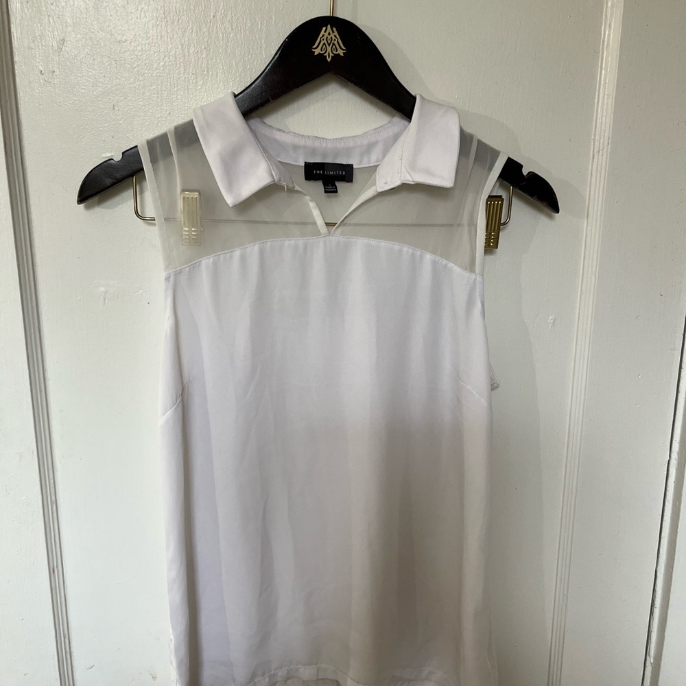 The Limited White Sleeveless Notched Collar Blouse Mesh Yoke Size Small EUC